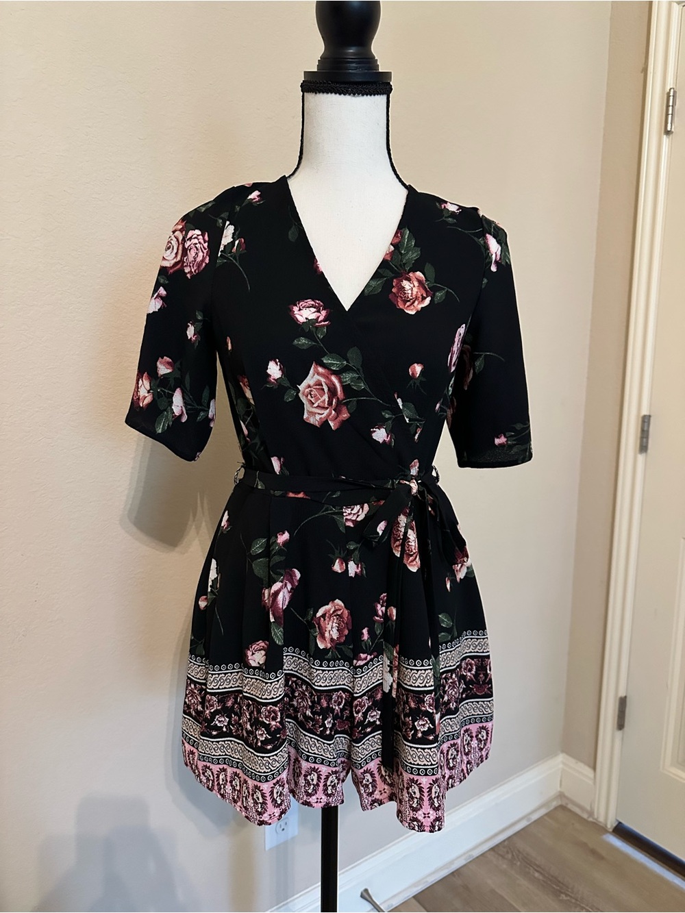 Trixxi for Francesca Black Floral Wrap Mini Dress with Pink Roses